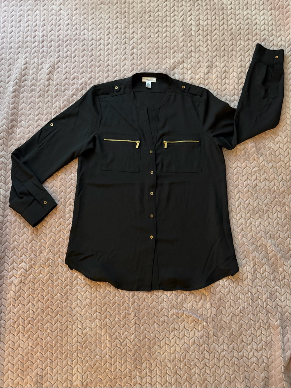 Black Button Front Blouse with Gold Zipper Accents Sz Med